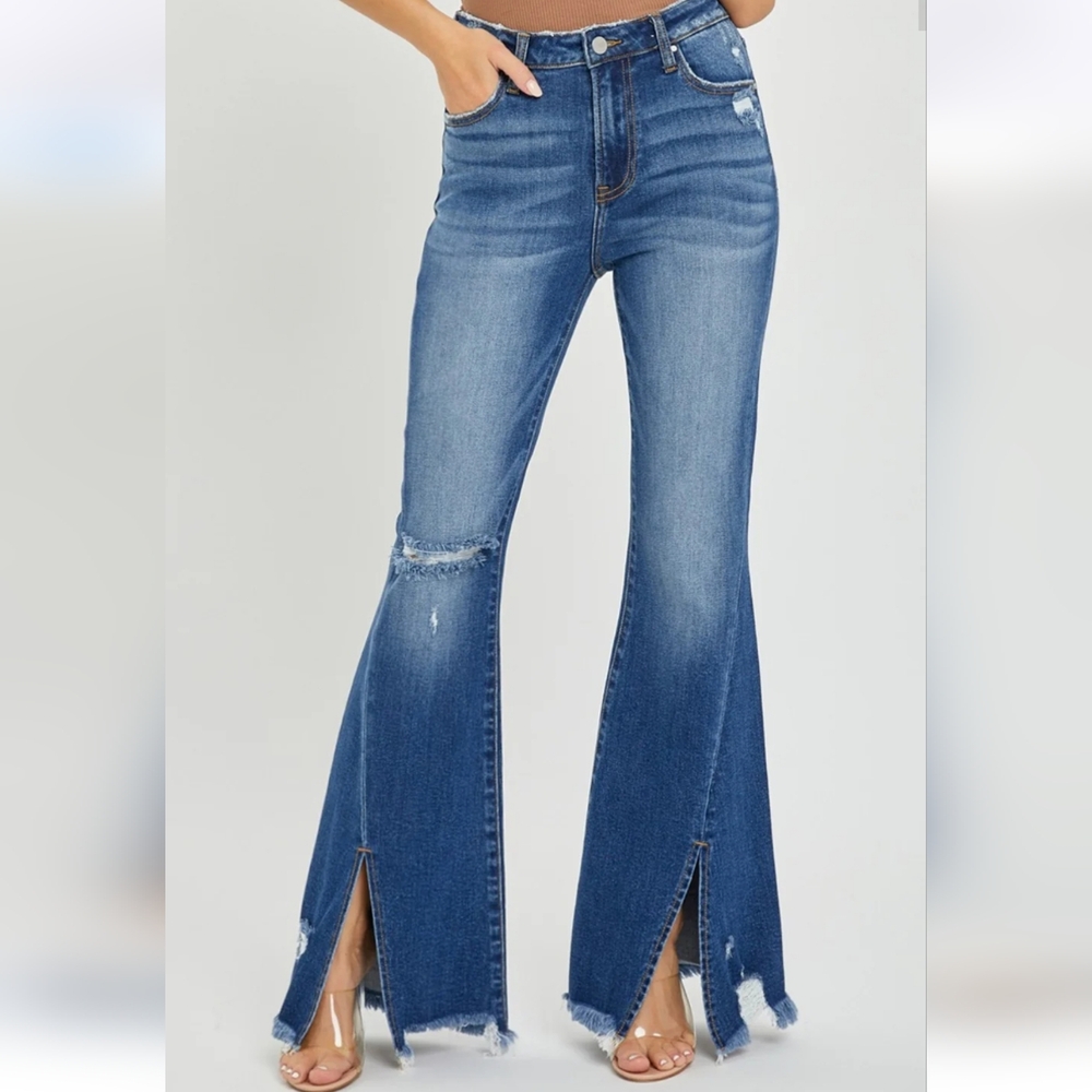 RISEN High Rise Front Slit Frayed Hem Flare Jeans in Dark Wash